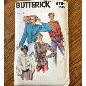 Vintage 1980s Butterick 6761 Sewing Pattern Sz Small 12 Button Up Tops COMPLETE